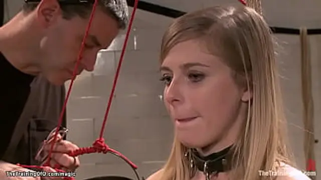 Master James Mogul trains bound busty blonde Penny Pax to endure pain then makes her fuck big dick to strapped gimp Owen Gray and whips her