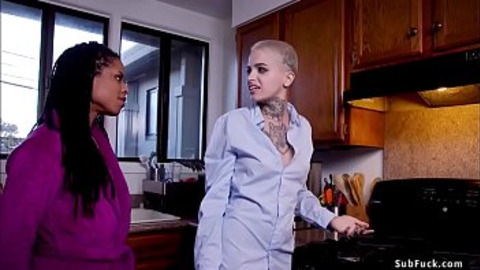 Big black cock Mickey Mod torments alt blonde girlfriend Leigh Raven then spanks ebony stepsister Kira Noir till anal fucks them in rope bondage