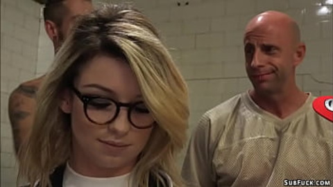 Sexy blonde journalist Aspen Ora took by group of football players and got double penetration fucked by their big dicks in locker room
